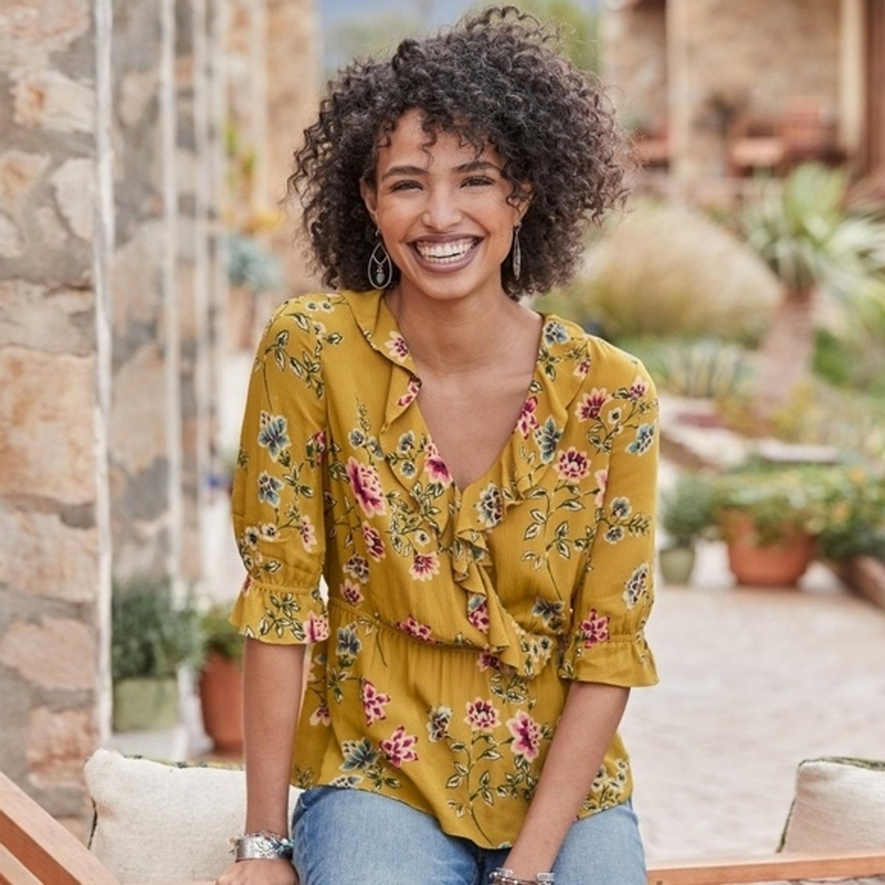 Sundance Calla Peplum Yellow Floral Top Ruffles Peasant Women's Size Medium M